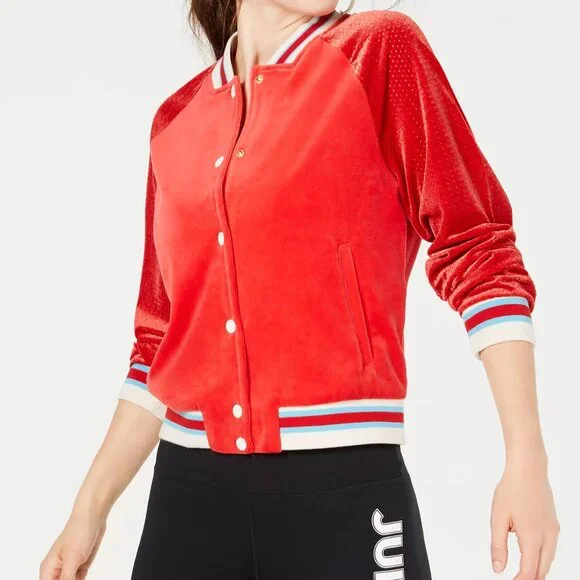 Juicy Couture Black Label Women's S Red Velour Graphic Bomber Varsity Jacket - Picture 16 of 16